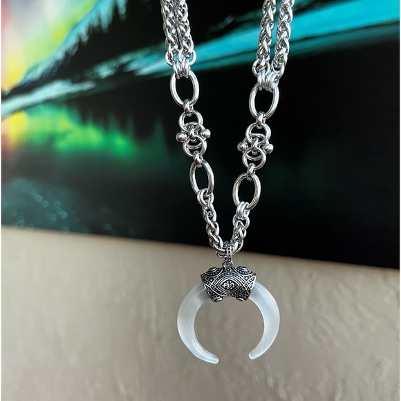 Sterling silver moon & handcrafted stainless steel links wheat chain necklace - Picture 6 of 15